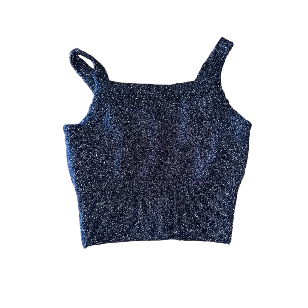 House of Harlow 1960 Navy Blue Fuzzy Tank Medium Thick Stretch Crop New‎